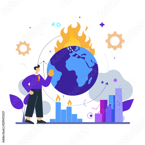 Businessman observing a burning Earth globe with environmental data visualizations in a contemporary style.