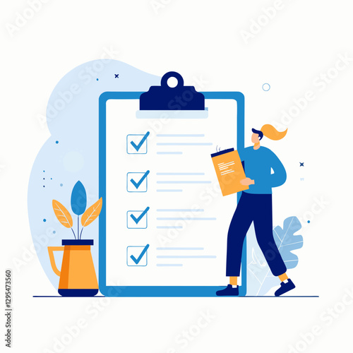 Young woman in casual clothing reviewing checklist with clipboard in modern office setting. Female professional completing tasks in a business environment. Modern workspace.