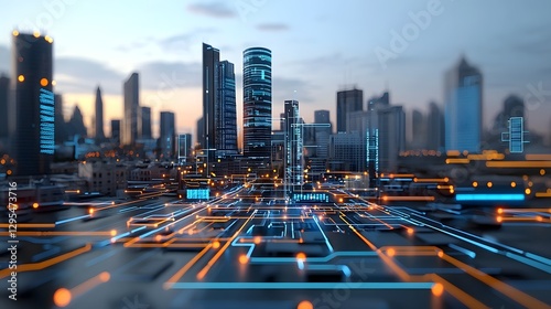 Aerial view of an ultra modern city skyline powered by a smart grid and advanced storage solutions network with a digital visualization of circuit lines and data infrastructure in the foreground