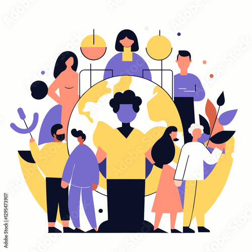 Global diverse professionals standing around a globe, showcasing global collaboration and unity.