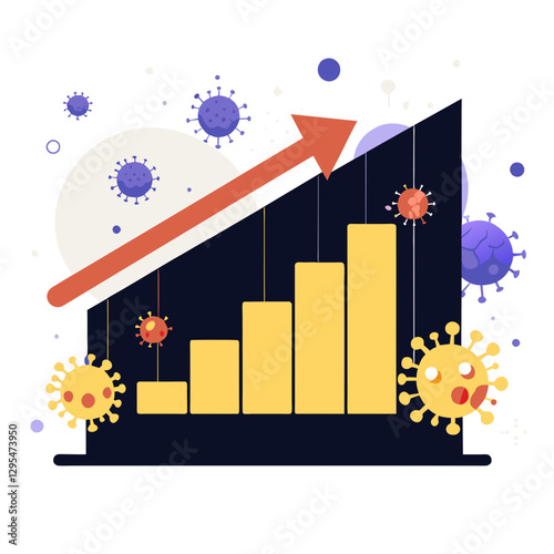 Post-pandemic economic recovery chart with virus icons. Positive upward trend in economic indicator amid ongoing pandemic.