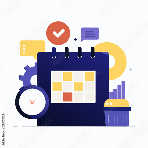Flat design illustration of a calendar with various productivity icons. Time management tools for scheduling and organization. Modern design for an office setting.