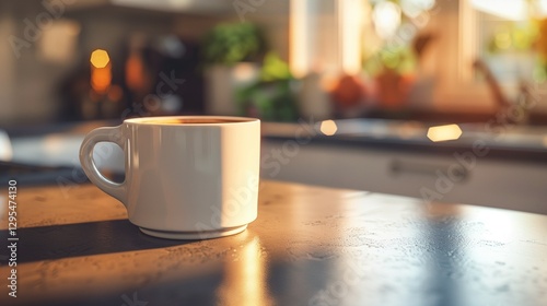 A white ceramic mug with a rich coffee inside, sitting on a kitchen counter with a warm, inviting atmosphere and soft natural light.