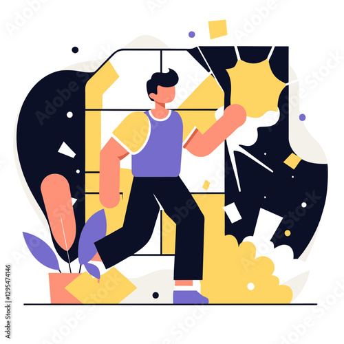 Young adult male in casual clothing running through a messy office space. Energetic action with a chaotic background. Office worker in a busy, fast-paced environment -