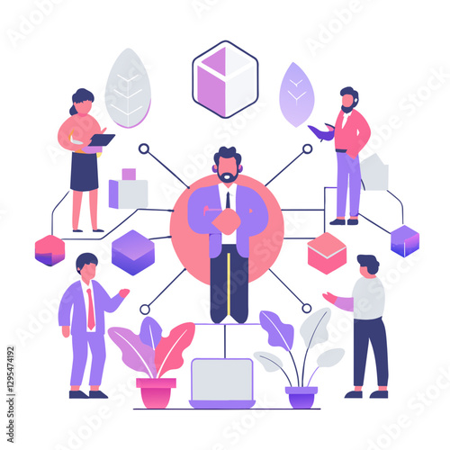 Business team in modern office setting, centered on a confident leader, collaborating in a modern workspace. Mid-level managers and executives in a professional, interconnected environment.