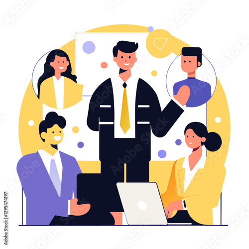 Business team in formal wear during a meeting in a modern office setting. Business professionals engaged in discussion, emphasizing collaboration and communication within a contemporary workspace.