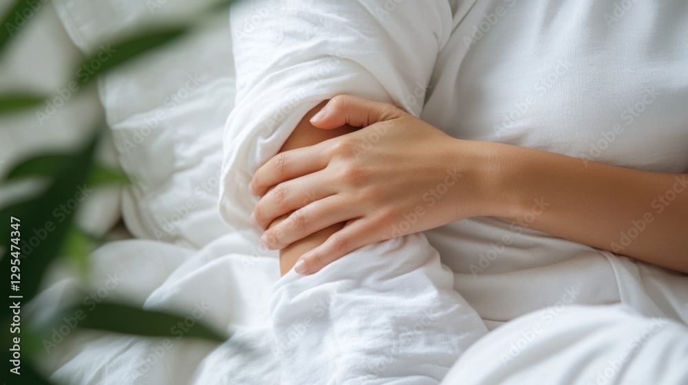A person gently massaging their injured elbow in a quiet bedroom. Featuring soothing care and recovery