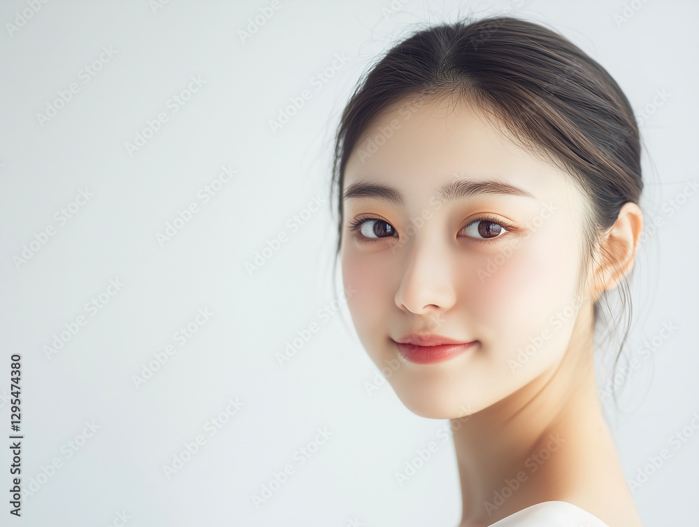 Naklejka premium 白バックの笑顔の若いアジア人女性のアップのポートレート