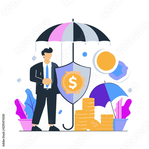 Businessman safeguarding financial security under umbrella in modern illustration. Male professional protecting wealth with shield and umbrella.
