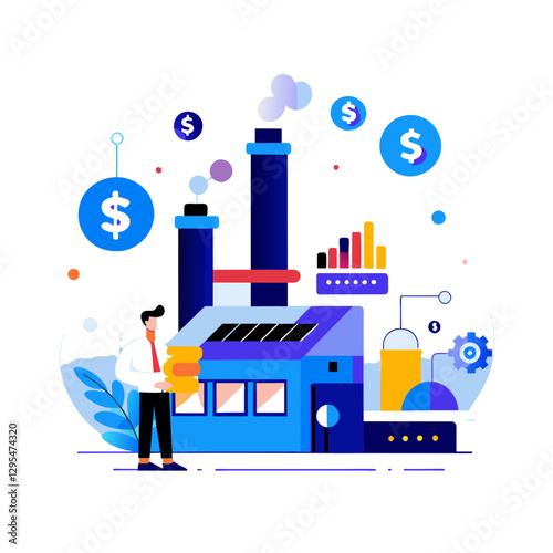Businessman standing with stacks of money in front of a modern factory with solar panels, financial data, and technology integrated.