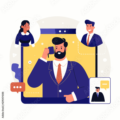 Businessman in a suit speaking on a video call with colleagues in a virtual office setting. Middle-aged man in a business meeting with two other participants in a virtual office meeting space.