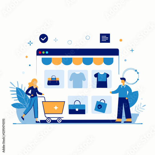 Online shopping experience featuring a woman and a man in casual attire, browsing a website storefront with various products, including clothing and accessories.