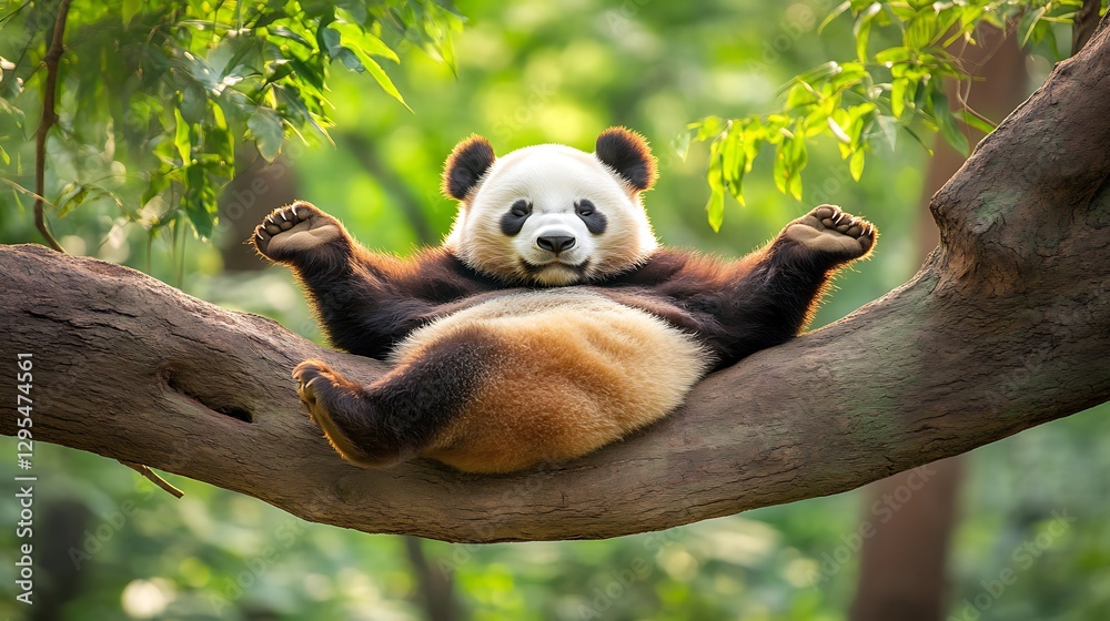 Obraz premium Panda relaxing in lush forest tree