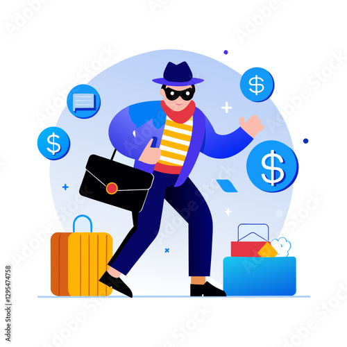 Male criminal in business attire walking away with stolen money and luggage in a digital illustration. A suspect carrying a briefcase and luggage while stealing money in a modern, flat design.