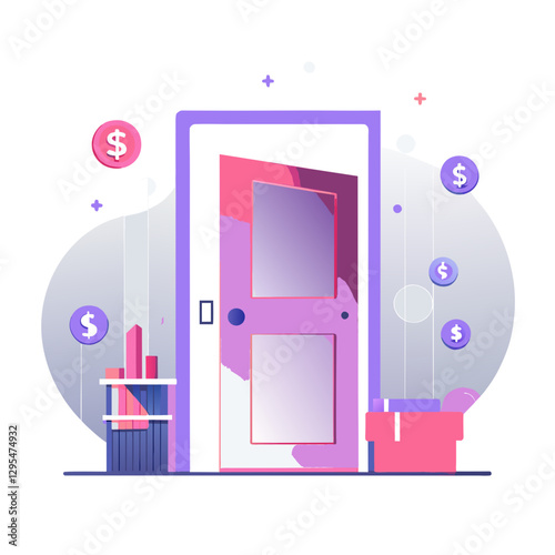 Open door with financial data in a modern home entryway. A business owner with an open door for new opportunities and a delivery package. business owner at home.