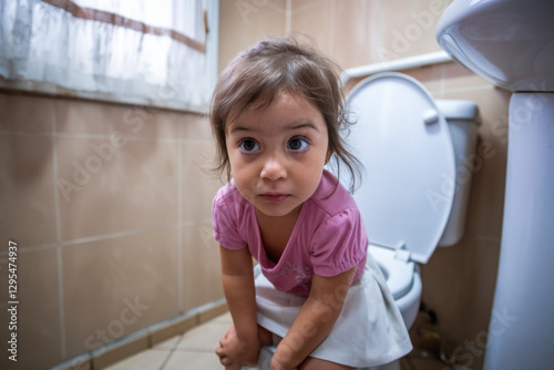 Young girl sitting on the toilet photo