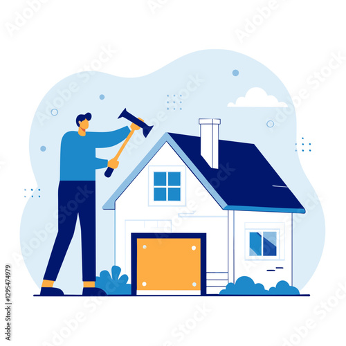 A male contractor in a blue shirt and pants is removing a roof section from a suburban home. Construction work on a white residential home with a dark roof in a residential area.