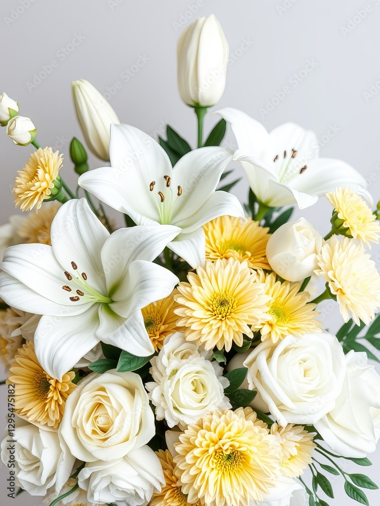 Fototapeta premium Elegant Vase Overflowing with Beautiful White and Yellow Flowers Creating a Bright Cheerful Atmosphere