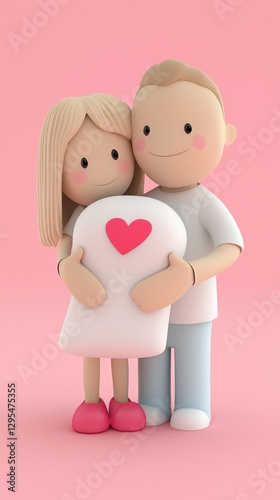 Cartoon couple expecting baby, pink background, illustration, stock photo