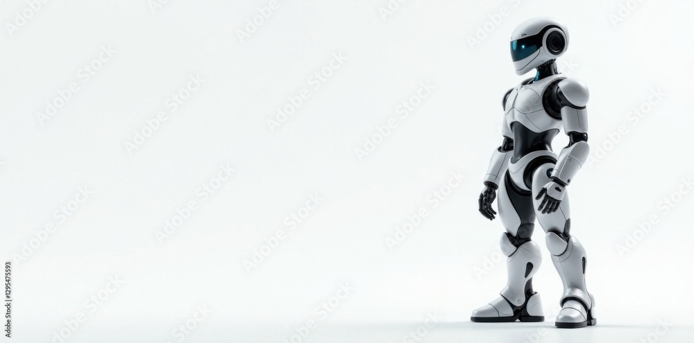 Fototapeta premium Futuristic robot standing alone on a white background, wires, solo, technology