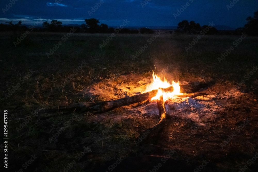 Campfire Glow Under a Twilight Sky in the African Savannah, Serengeti, Tanzania, Africa Campfire Glow Under a Twilight Sky in the African Savannah, Serengeti, Tanzania, Africa