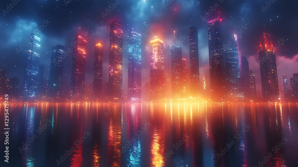 Fototapeta premium Neon cityscape reflecting on water, night, futuristic, vibrant, digital art, background