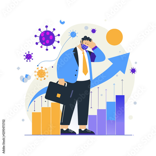 Adult male business professional in a light blue suit and tie, wearing a face mask, standing with a briefcase, amidst fluctuating graphs and virus icons.