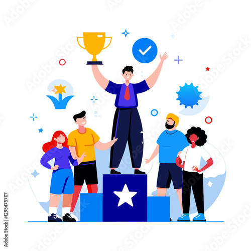 Diverse team celebrating achievement on a podium with a triumphant leader. Successful business professionals in casual attire on a award ceremony.