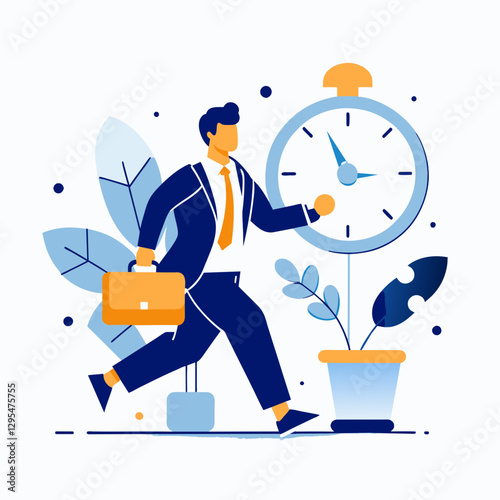 Businessman in a suit rushing with briefcase, running towards a large clock in an office setting. Young professional in a corporate environment, managing time. a deadline.