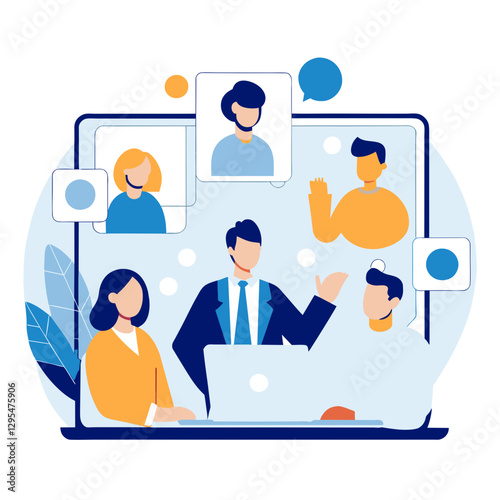 Business people in a virtual meeting on a laptop. Diverse professionals participating in a video conference, displayed on a computer screen, with a variety of positions and gestures.
