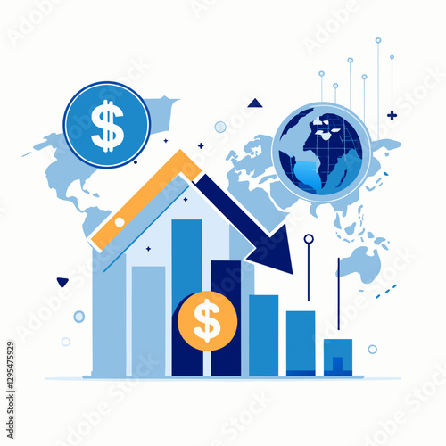 Global economic downturn depicted in a visual representation of declining financial graphs with a world map and dollar signs.