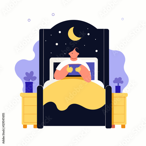 Adult male in casual wear reading in bed with night sky headboard. Relaxed posture in bedroom with bedside tables and plants. Adult male student in bedroom. |