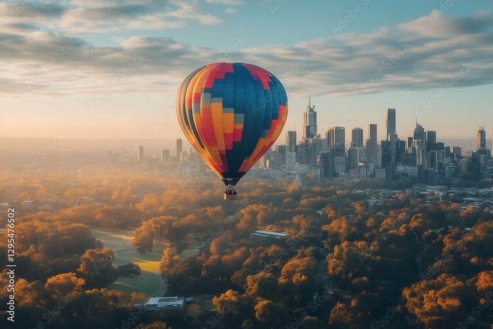 Obraz premium Colorful hot air balloon flying over Melbourne at sunrise