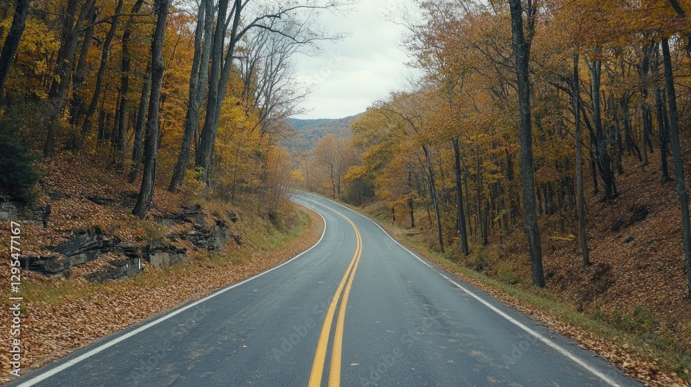 Winding road through autumn trees shows scenic mountain highway Winding road through autumn trees shows scenic mountain highway