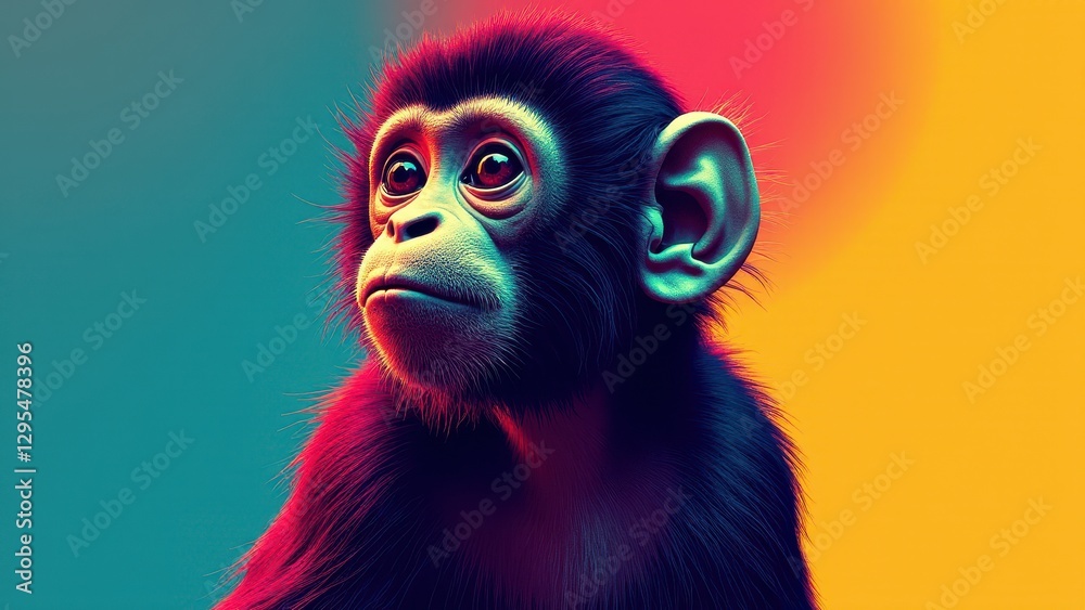 Fototapeta premium A mono titi with vibrant, colorful lighting highlighting its ear and fur.