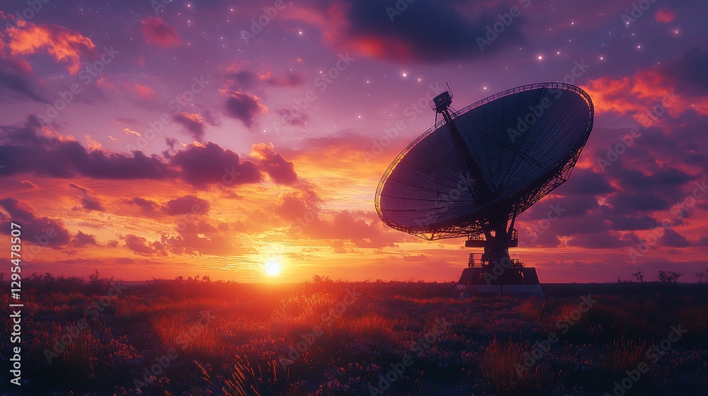 Spectacular sunset behind a massive radio telescope in the countryside Spectacular sunset behind a massive radio telescope in the countryside