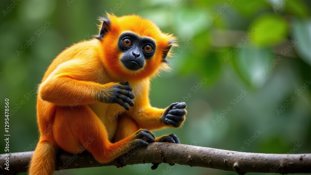 Fototapeta premium A mono titi with bright orange fur and black hands sits on a branch in a lush green environment.