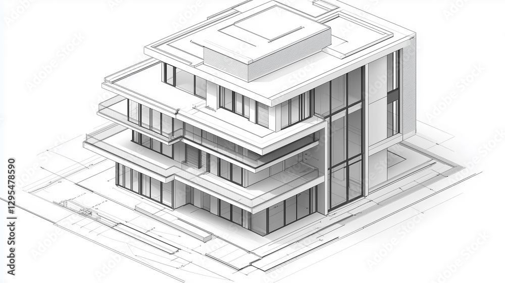 A technical illustration of a modern three-story house, captured in an isometric view to showcase the architectural layout A technical illustration of a modern three-story house, captured in an isometric view to showcase the architectural layout