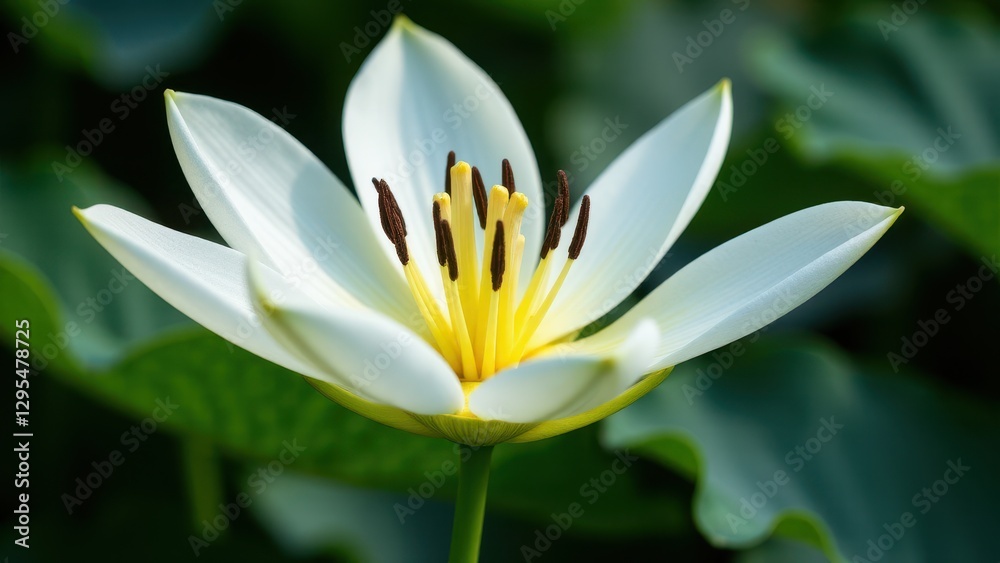 Fototapeta premium A close-up of a moon lily with white petals and yellow stamens, set against a blurred green background.