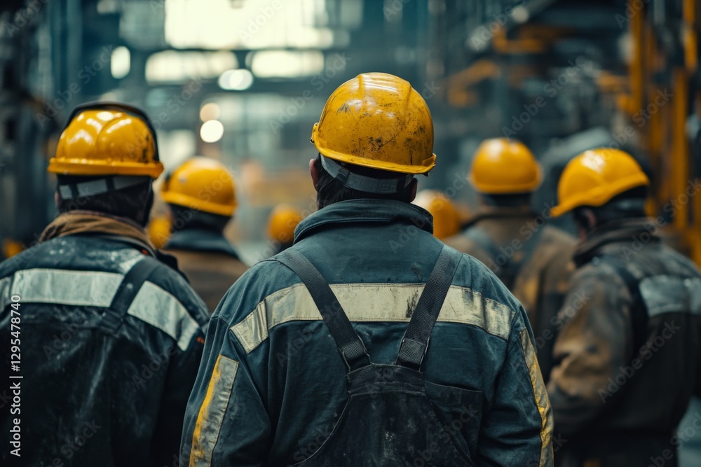 back view of workers in industrial setting, wearing overalls and yellow hard hats back view of workers in industrial setting, wearing overalls and yellow hard hats