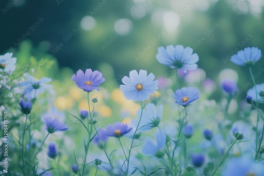 Ethereal cosmos flowers blooming in a serene field, showcasing delicate petals and soft pastel colors, perfect for backgrounds or Ethereal cosmos flowers blooming in a serene field, showcasing delicate petals and soft pastel colors, perfect for backgrounds or
