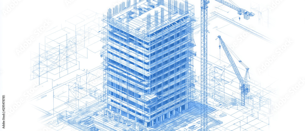 Fototapeta premium A technical isometric blueprint of a skyscraper under construction, surrounded by scaffolding and cranes