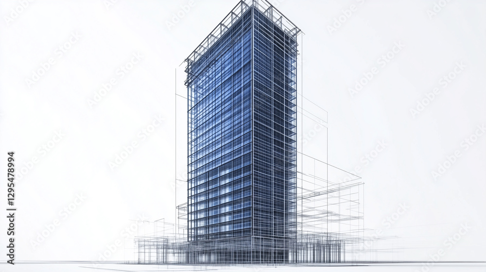 Obraz premium A towering high-rise skyscraper in an innovative architectural rendering, featuring a steel frame model in a detailed blueprint style