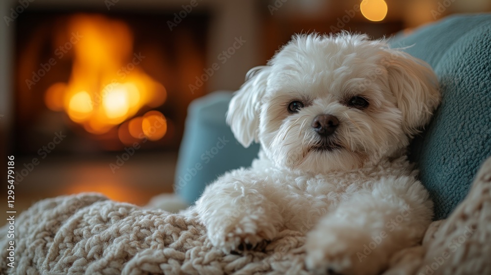 Cozy White Dog Relaxing by Fireplace on a Knit Blanket Cozy White Dog Relaxing by Fireplace on a Knit Blanket