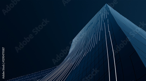 A towering modern office skyscraper stands against the skyline, its navy blue surfaces accentuated by crisp white chart lines