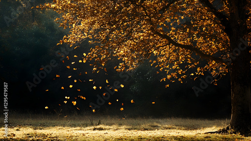tree in autumn, its falling leaves turning into golden light as they touch the ground 