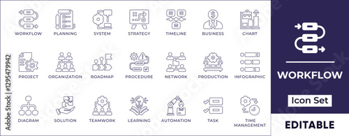 Flat workflow, processing, and operation line icon set featuring business automation, task management, project execution, process optimization, and productivity solutions.