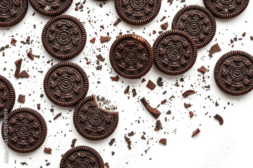 Dynamic image of tasty chocolate sandwich cookies bursting into a splash of creamy milk, creating a sense of delight and indulgence. photo