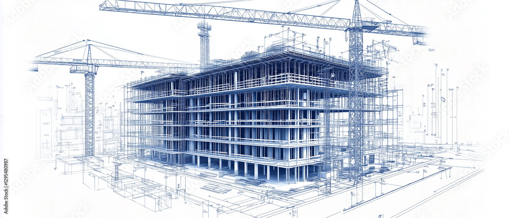 An architectural blueprint of a skyscraper under construction, surrounded by scaffolding and cranes, featuring a multi-story complex with a modern design An architectural blueprint of a skyscraper under construction, surrounded by scaffolding and cranes, featuring a multi-story complex with a modern design