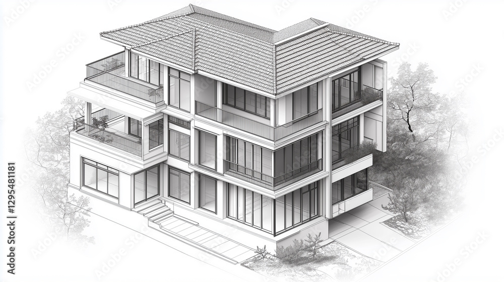 An architectural CAD-style illustration of a modern three-story home, shown in an isometric view An architectural CAD-style illustration of a modern three-story home, shown in an isometric view